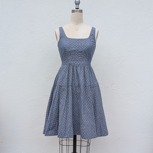 Marc By Marc Jacobs Blue Chambray Flared Polka Dot Midi Dress With Pockets Sz 0 - Picture 1 of 11